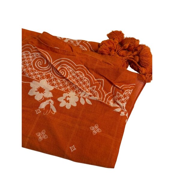 VTG Hollister Orange Boho Tassel Scarf Square Floral Print Wrap Shawl Bohemian - Picture 4 of 6